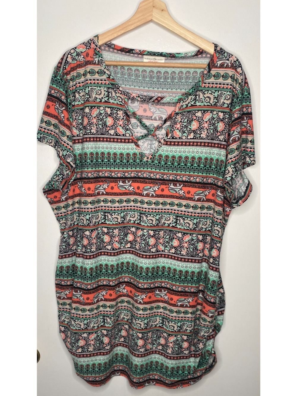 Bobby Brooks Plus Size 3X Boho Tribal Print Top Crisscross Front Short Sleeve
